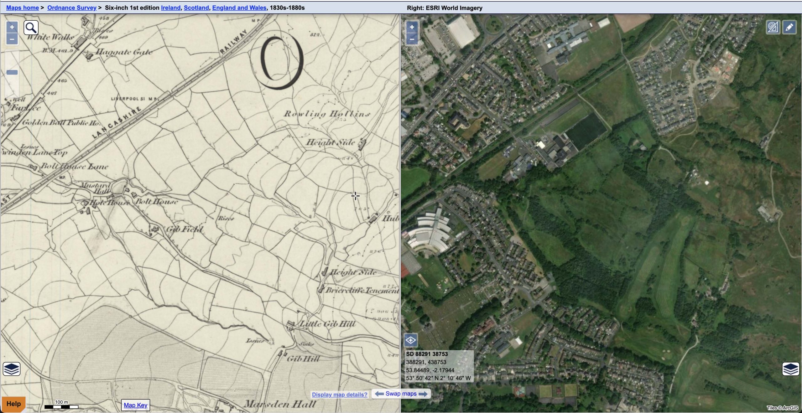 Ordinance survey map of Gib Hill 1830s - 1880s on the left. Present day aerial photo of Gib Hill on the right