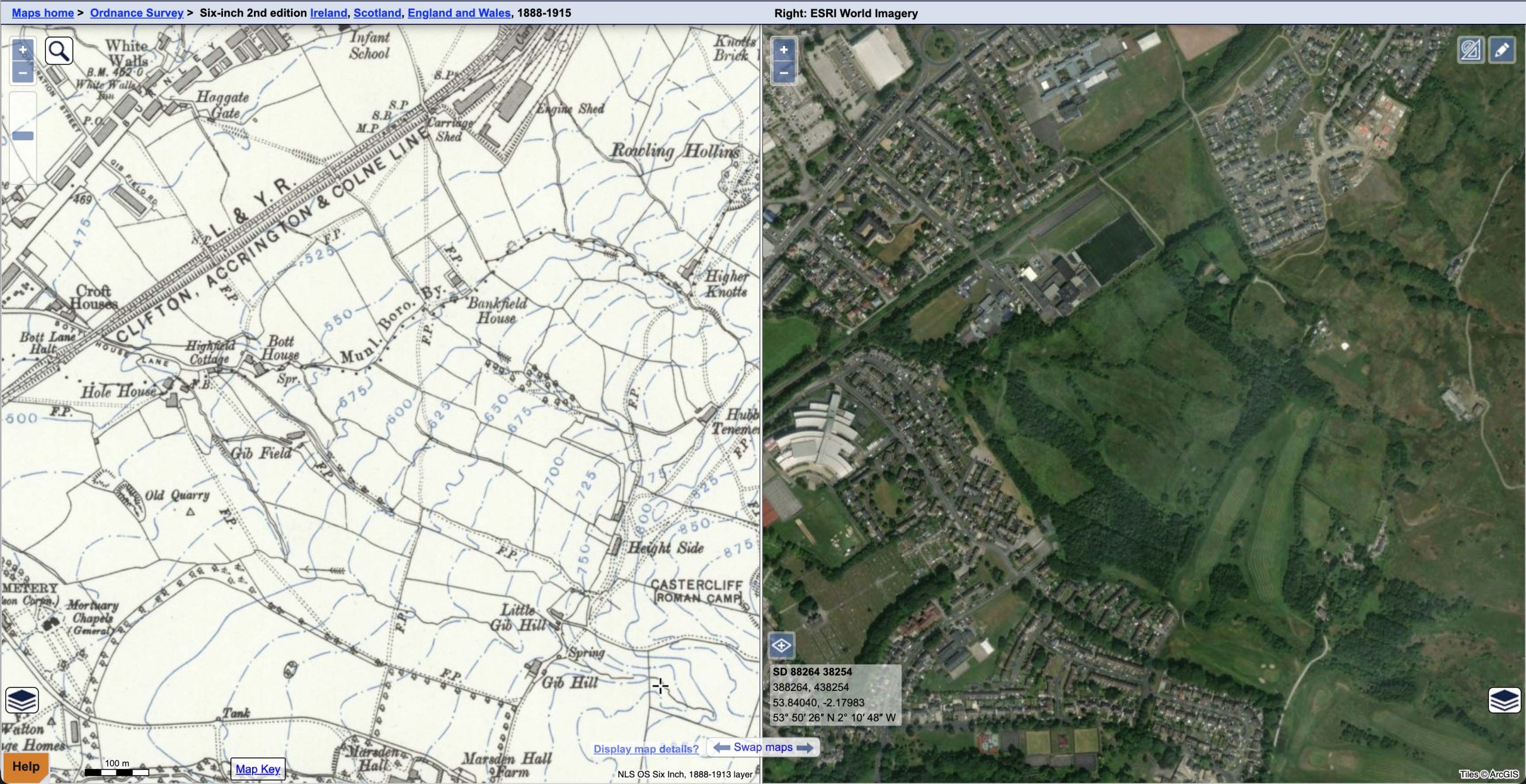 Ordinance survey map of Gib Hill 1888 - 1915 on the left. Present day aerial photo of Gib Hill on the right