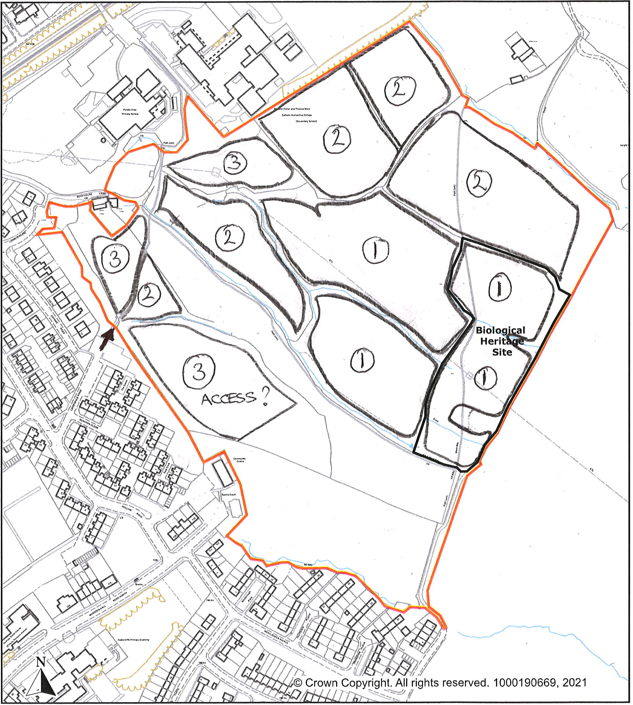 Black and white line map showing the gib hill nature reserve. Broken down into numbered sections
